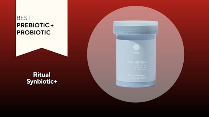 A red background with a white banner that says, "Best Prebiotic and Probiotic" next to a light blue and white bottle of Ritual Synbiotic plus